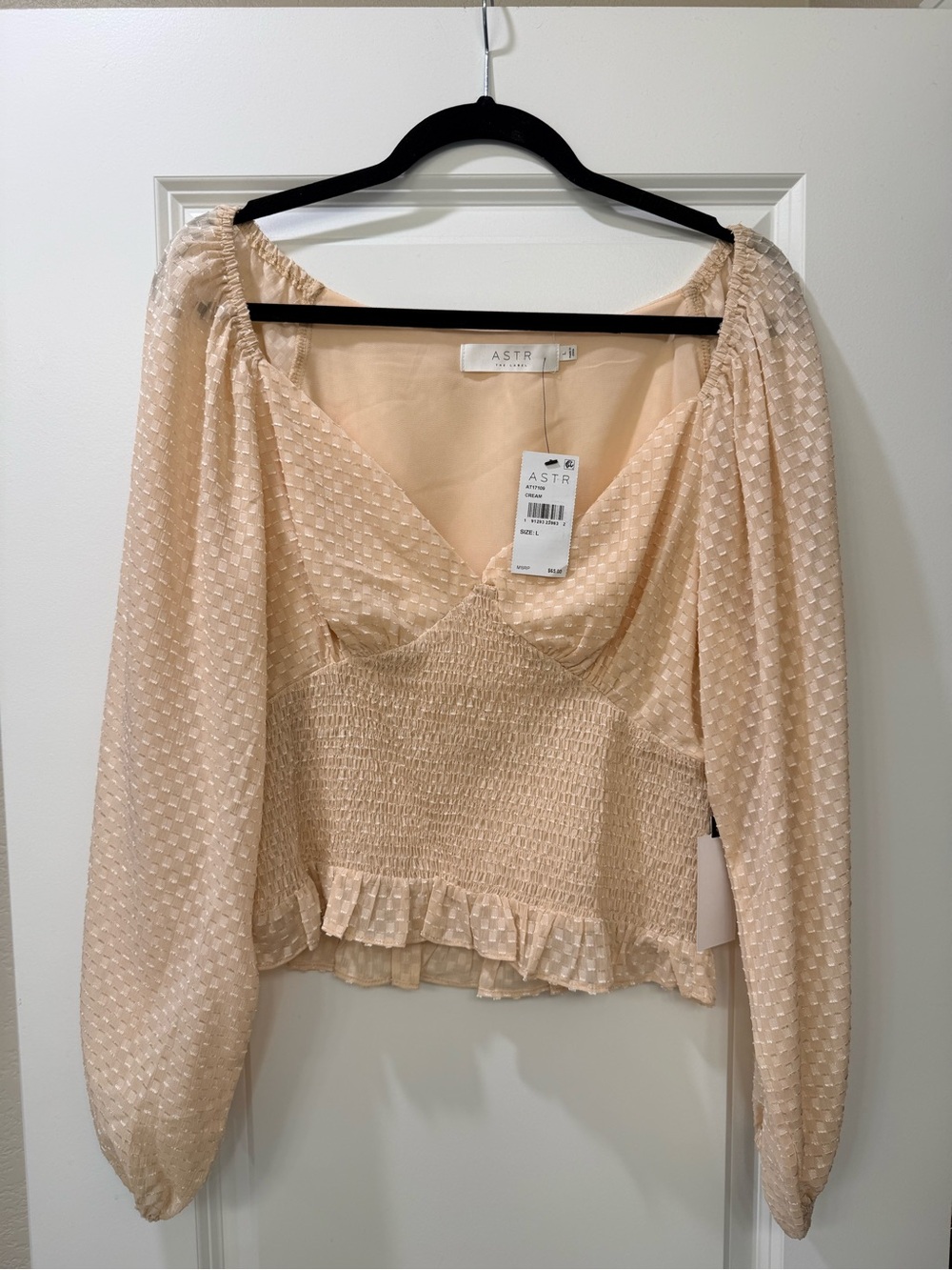 Astr Smocked Ruffle Hem Long Sleeve Blouse - Blush Pink